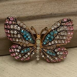 Vintage Bejeweled Butterfly Gold Tone Brooch